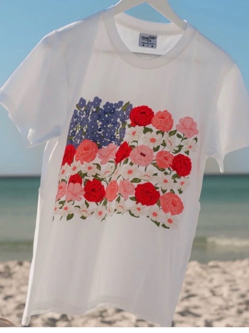 White Short-Sleeve Tee with Red & Pink Rose Flag Graphic
